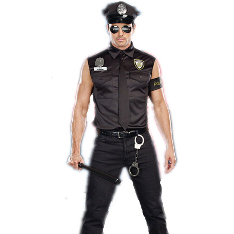Men's Police Officer Shirt, Hat, Necktie, Arm Guard, Handcuffs Set